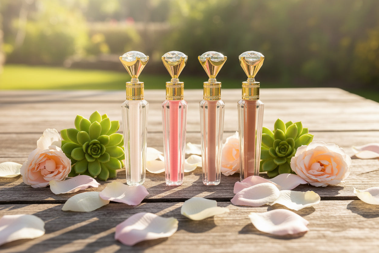 Cosmic Glam Infusion eco-friendly shimmer lip gloss collection with gold and crystal caps in various shades displayed with succulents