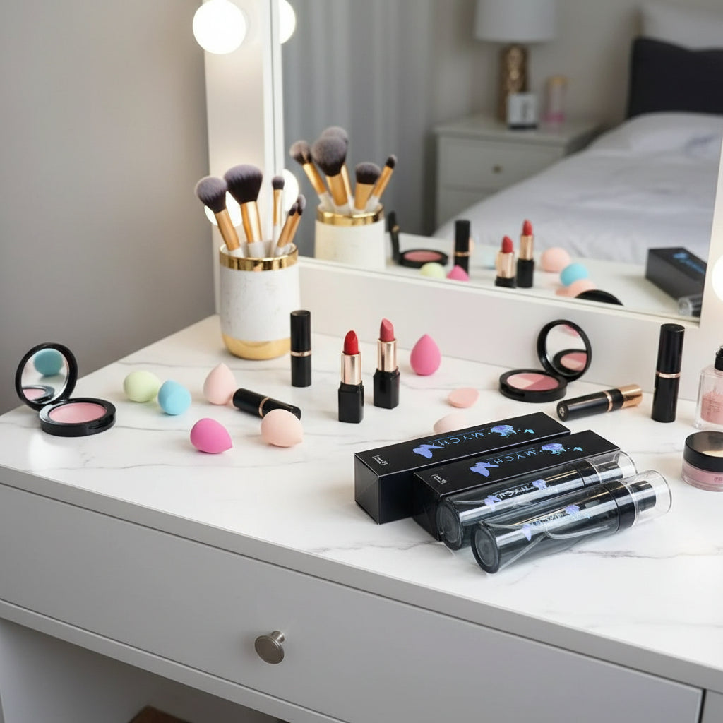 Arctic Glow Setting Mist packaging and bottle with black sleek design and blue floral logo on open magazine background