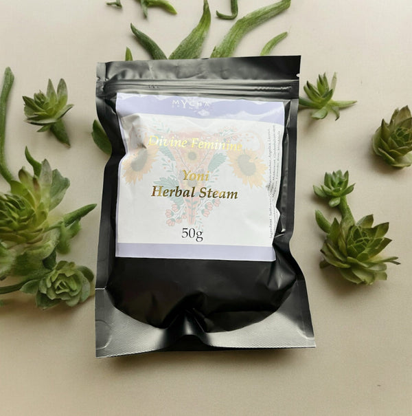 Divine Feminine Herbal Yoni Steam 50g natural vaginal cleansing and menstrual relief herbs with succulents background