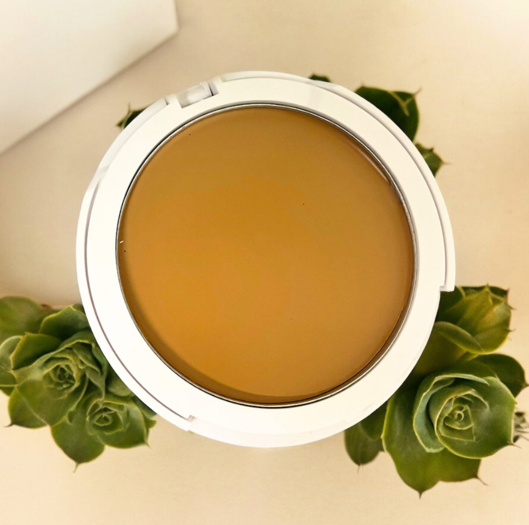 Compact of FlawlessBlend 2-in-1 foundation and concealer cream with natural tan shade surrounded by green succulents for GlowUp CC Cream skincare routine.