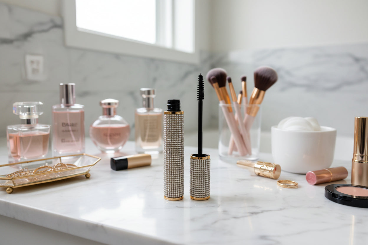 Waterproof 4D mascara tube and wand with rhinestone-studded gold casing on a wooden surface with green succulent plants in the background