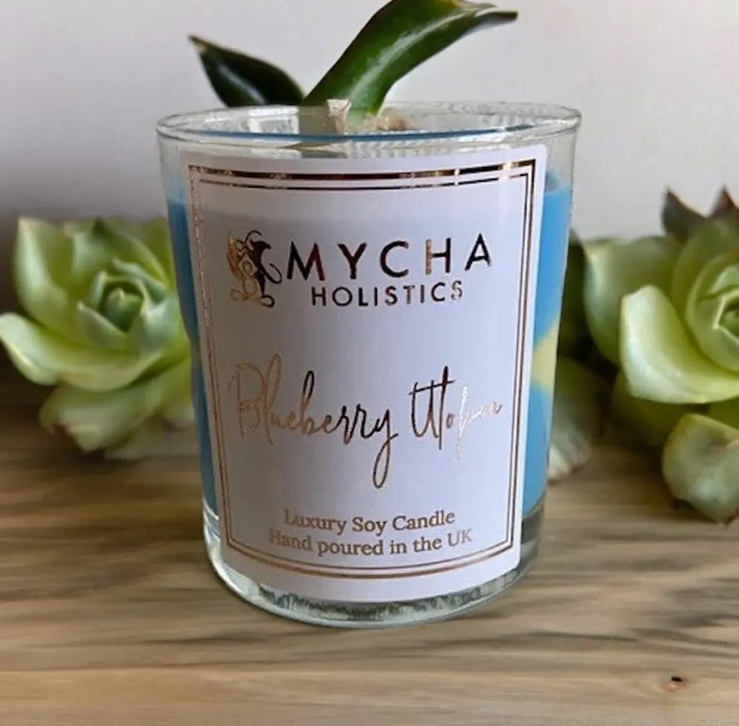 Blueberry Utopia scented luxury soy candle in a glass jar with green succulent background