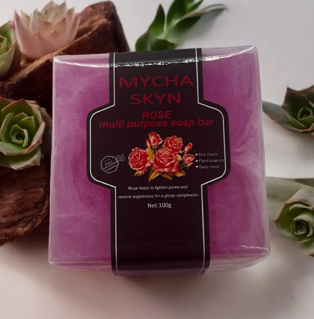 Rose multipurpose soap bar with rose extract for glowing skin, 100g, vegan and cruelty-free.