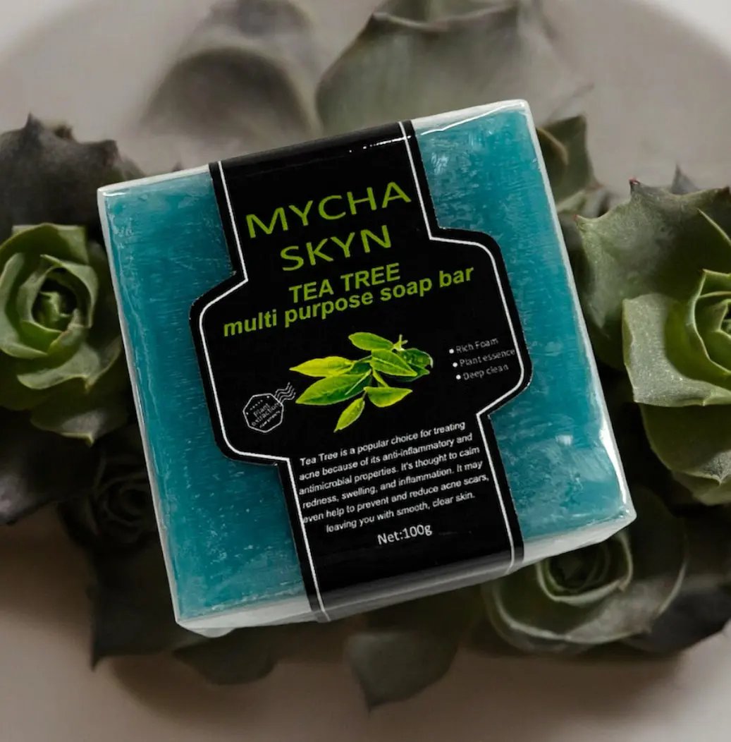 Tea Tree Multipurpose Soap Bar by MYCHA SKYN for acne reduction, anti-inflammatory and antimicrobial properties, 100g, vegan and cruelty-free