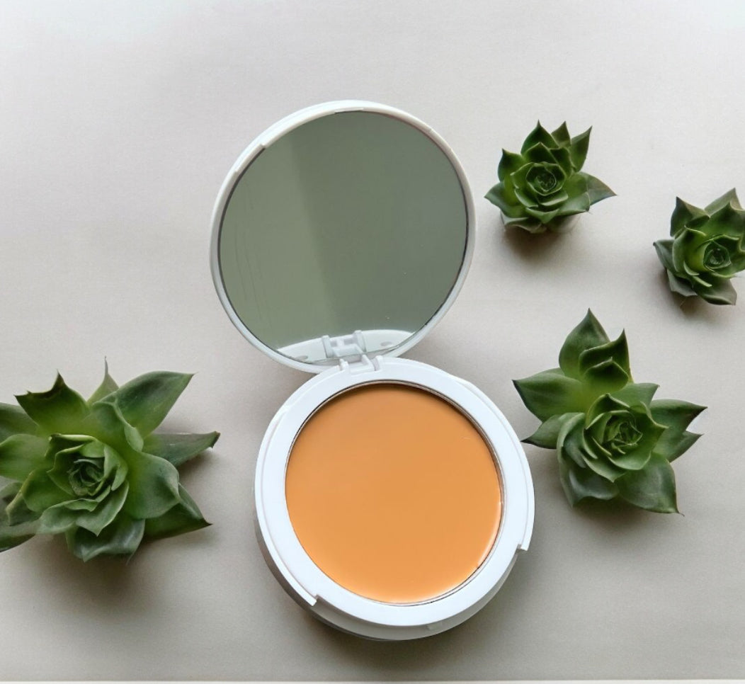 Compact GlowUp CC Cream foundation and concealer with mirror surrounded by green succulents on neutral background