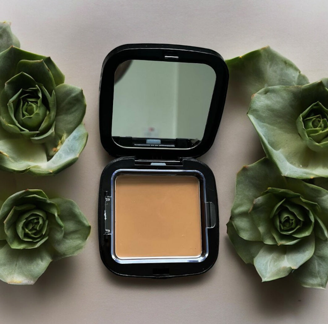 Flawless Blend 2 in 1 foundation and concealer compact with mirror surrounded by green succulents GlowUp CC Cream