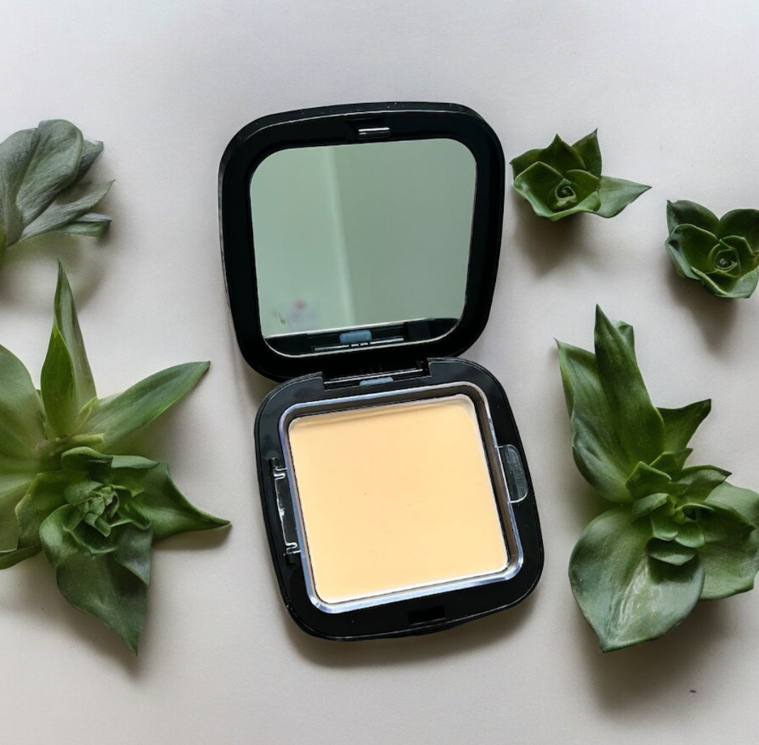 Compact black case with mirror containing Flawless Blend 2-in-1 foundation and concealer surrounded by green succulents, GlowUp CC Cream alternative.