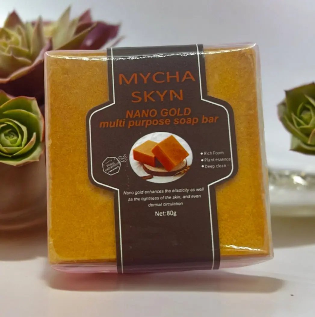 Nano Gold Multipurpose Soap Bar with gold particles for skin elasticity and luminous complexion, 80g, vegan and cruelty-free.