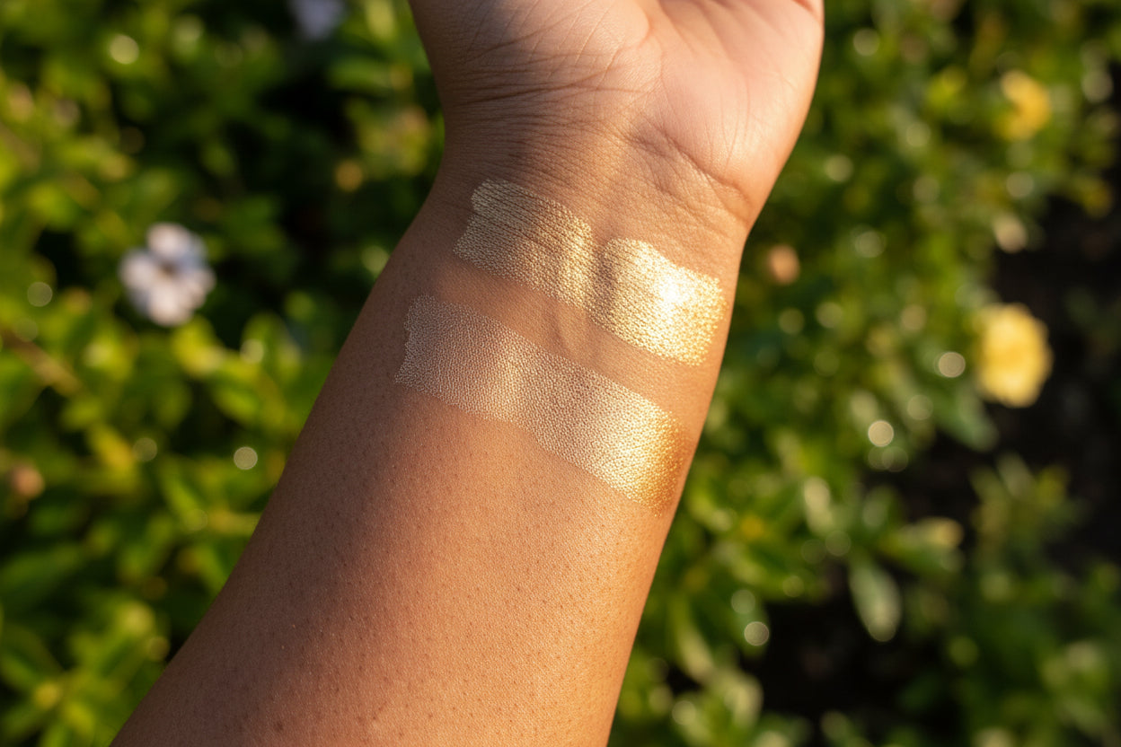 Swatches of Radiant Aura Highlighter Stick showing luminous, velvety golden shimmer on medium skin tone