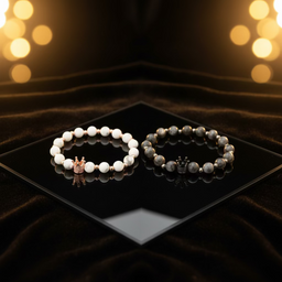 Equilibrium Bracelet Set with white marble and midnight black stone beads featuring gold accents and crown charm
