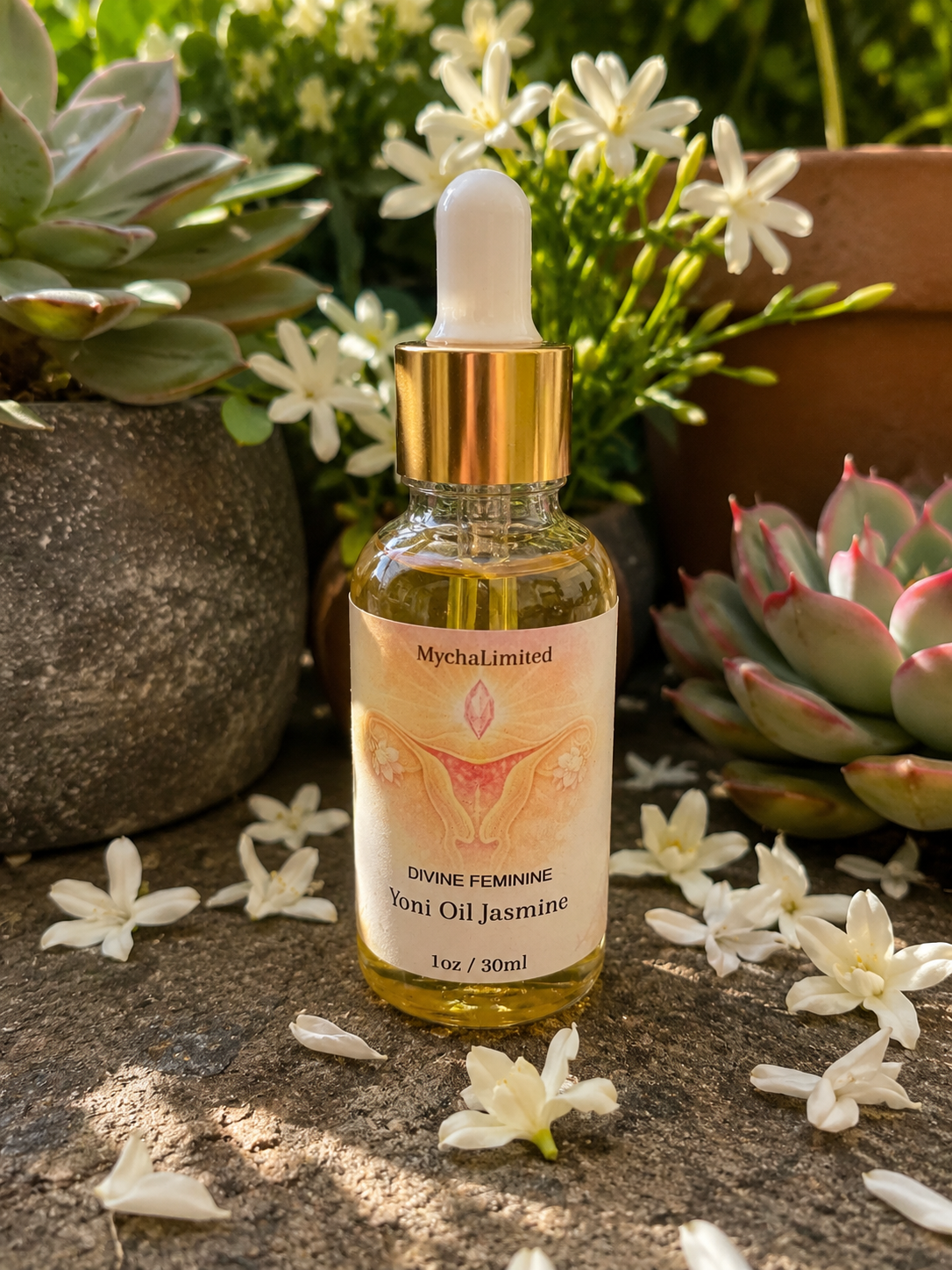 Divine Feminine Yoni Oil bottle with natural organic skin care ingredients for feminine wellness