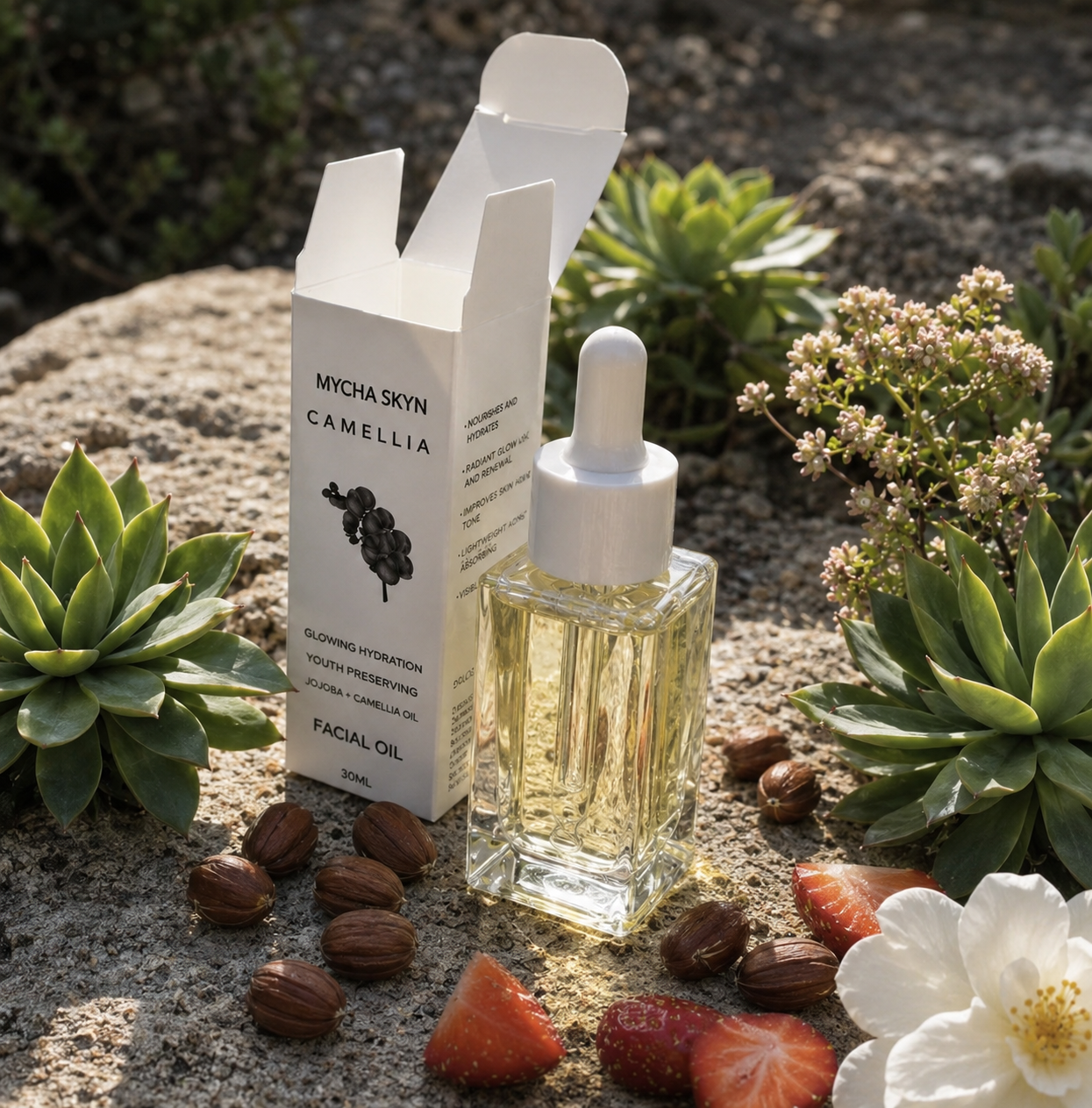 Bottle of Camellia Face Oil with natural ingredients for glowing, hydrated skin