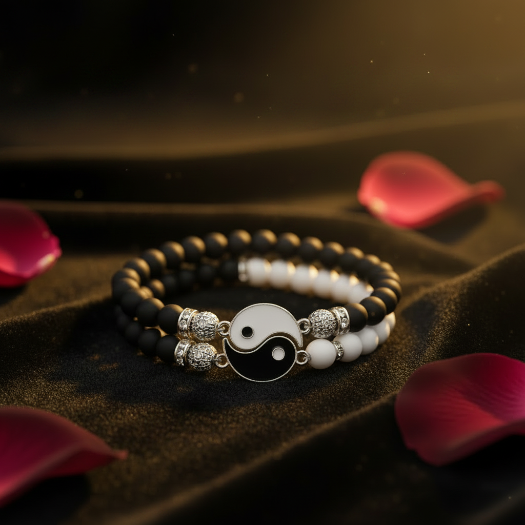 Yin Yang friendship bracelets set with black and white cords intertwined