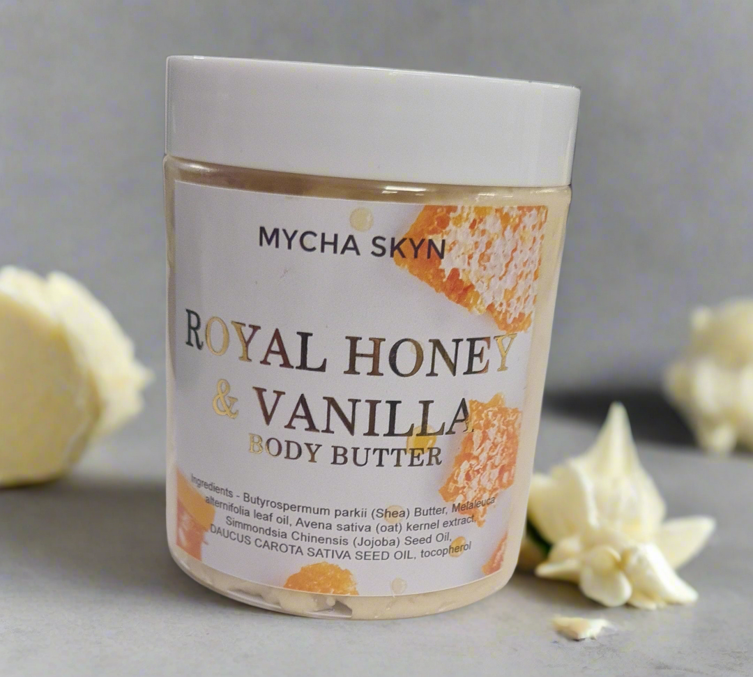 Jar of Mycha Skyn Royal Honey and Vanilla Body Butter with honeycomb design on label