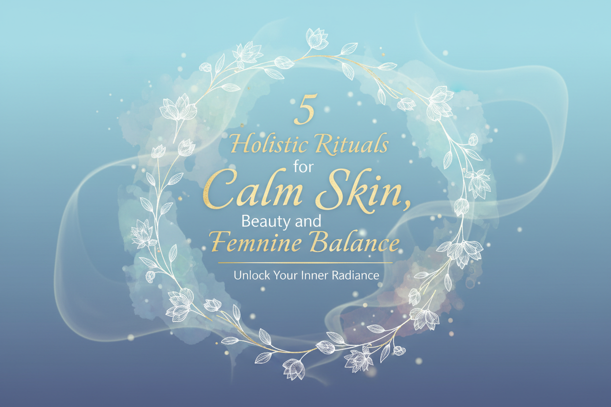 make a front cover in a nice soft blue with the title 5 holistic rituals for calm skin, beauty and feminine balance