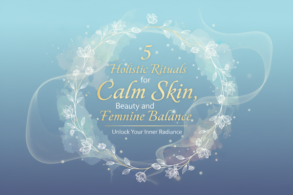 make a front cover in a nice soft blue with the title 5 holistic rituals for calm skin, beauty and feminine balance